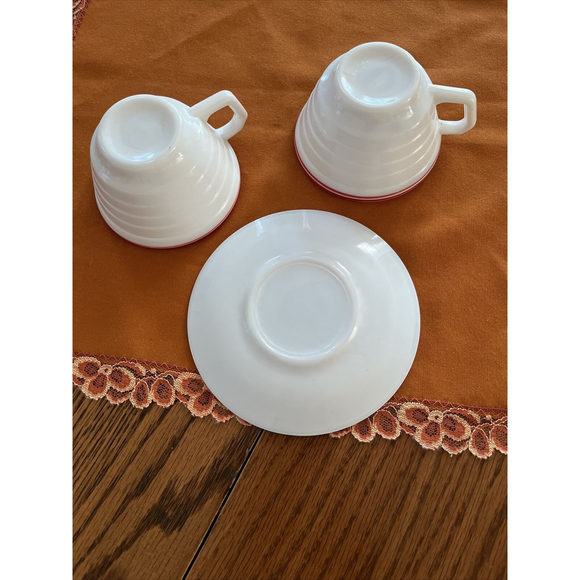 1940's HAZEL ATLAS Moderntone Platonite 2 Cups & 1 Saucer Red Stripe Art Deco - Picture 6 of 7